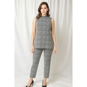Michael‎ Kors Houndstooth Sleeveless Top Mock Neck Career Black White L 86-34